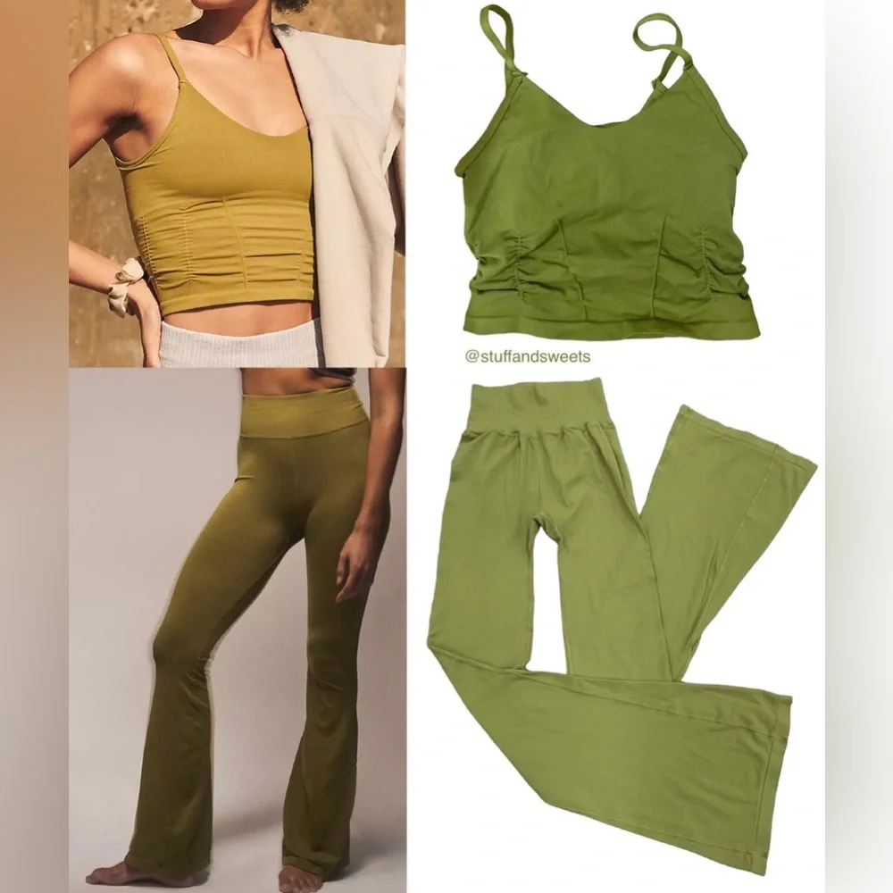 Free People Movement Good Karma SET Flare leggings and Ruched Crop Tank Green - Picture 3 of 4